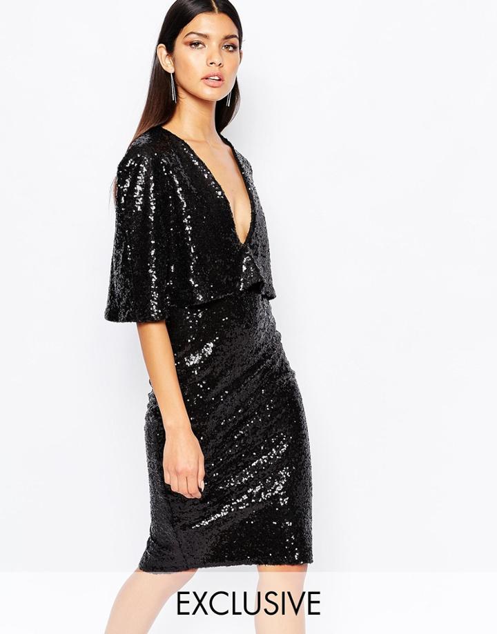 Club L Kimono Sleeve Midi Dress In Allover Sequin With Center Split - Black