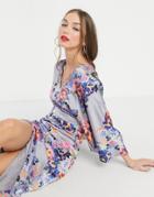 Liquorish Kimono Midi Dress With Open Back In Gray And Purple Print