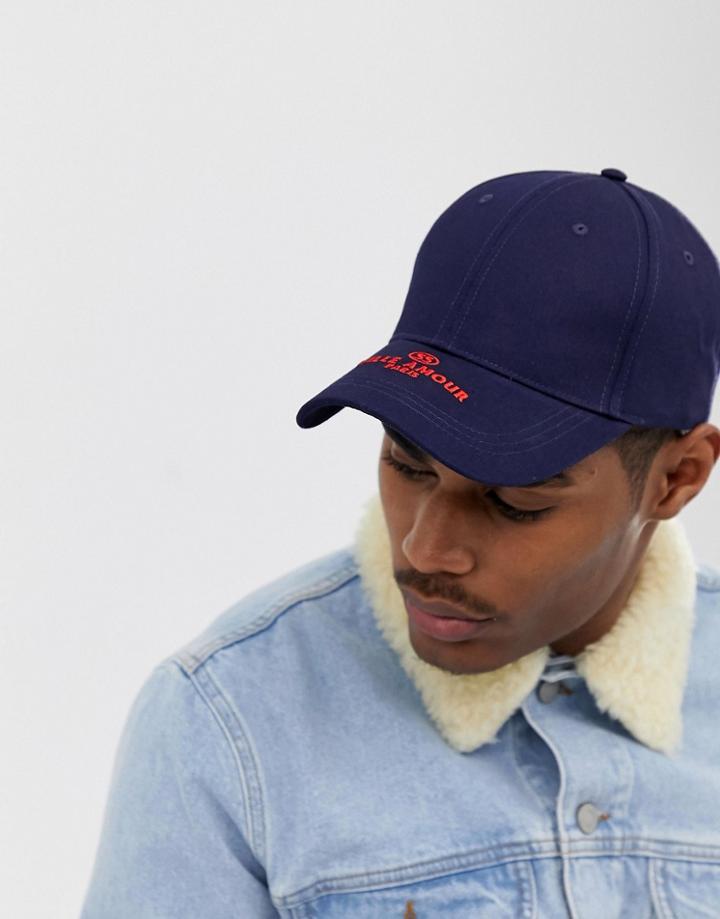 Asos Design Baseball Cap In Navy With Ville Amour Embroidery