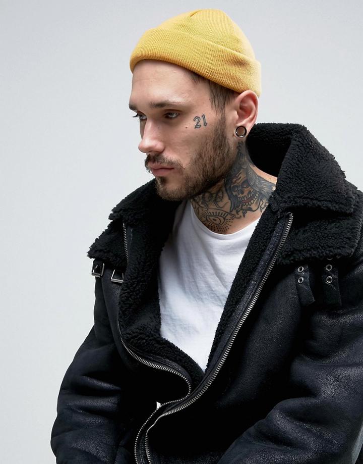 Asos Mini Fisherman Beanie In Yellow - Yellow