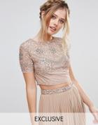 Maya Cap Sleeve Crop Top With Floral Embellishment - Brown