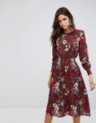 Ax Paris Floral Midi Dress With Ruched Waist - Red
