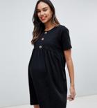 Asos Design Maternity Mixed Fabric Mini Smock Dress With Faux Horn Button - Black