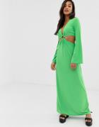 Asos Design Maxi Dress With Flared Sleeves And Ring Detail - Green