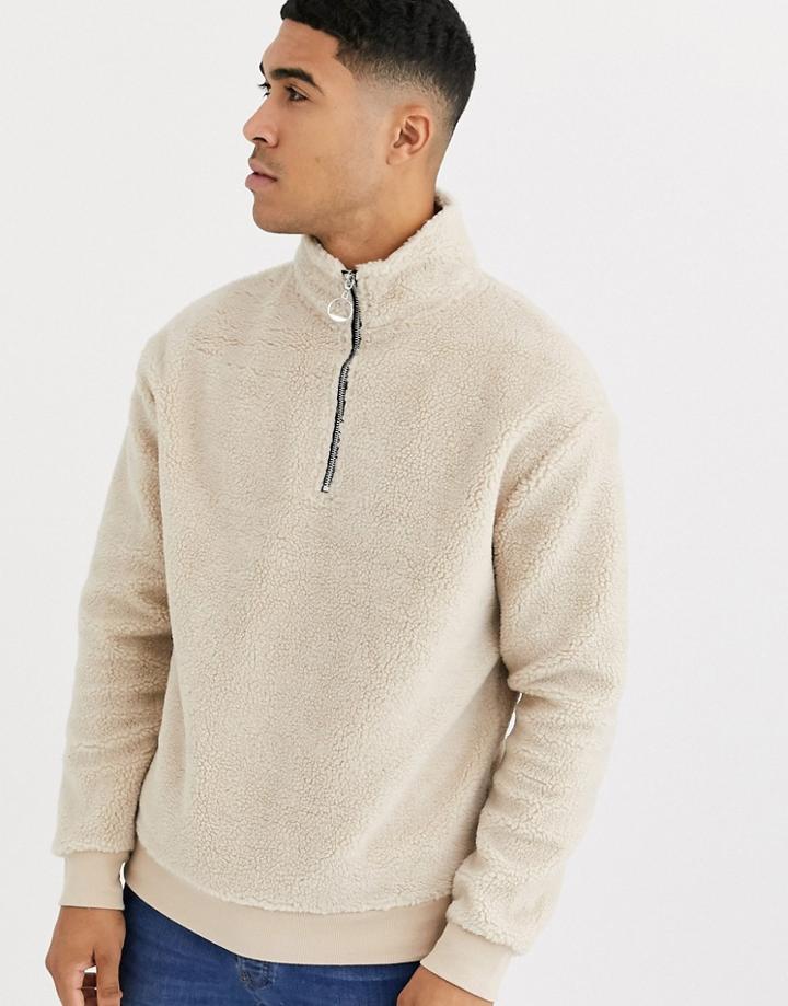 New Look Borg Half Zip Funnel Neck In Cream