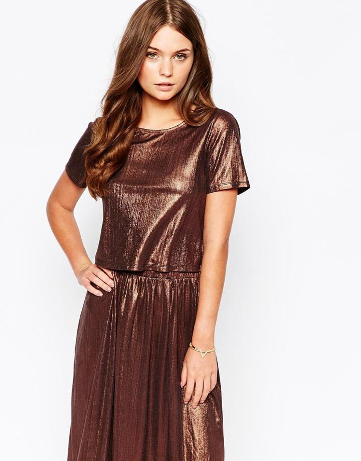 First & I Metallic Split Back Top - Brown