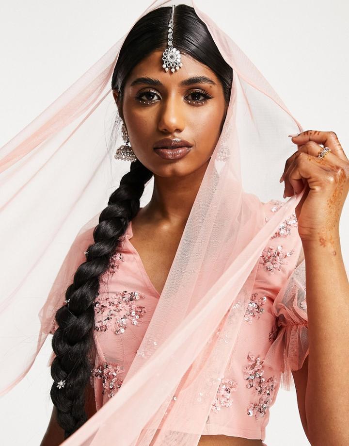 Maya Ditsy Floral Embellished Lehenga Scarf In Blush-pink