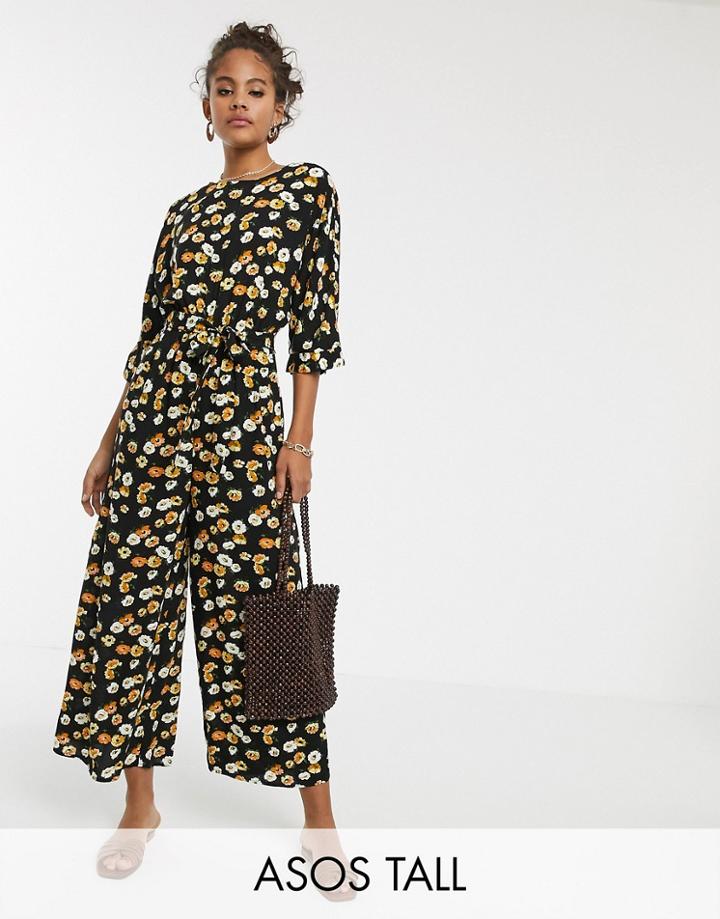 Asos Design Tall Tie Waist Jumpsuit In Yellow Ditsy Floral Print - Multi