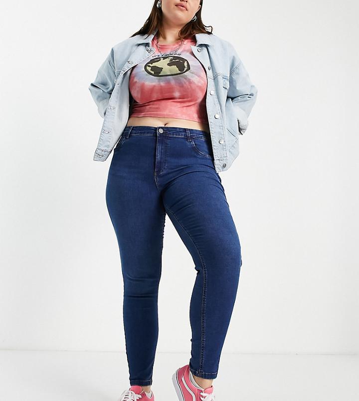 Noisy May Curve Callie High Waisted Skinny Jeans In Mid Blue Wash