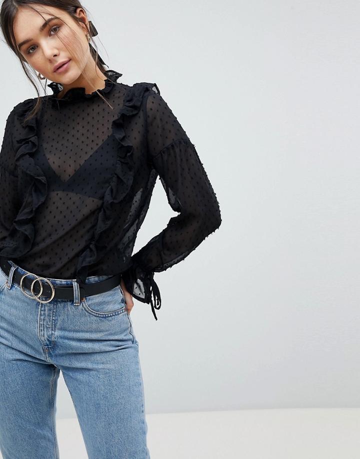 Qed London Dobby Chiffon High Neck Frill Detail Blouse - Black