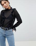 Qed London Dobby Chiffon High Neck Frill Detail Blouse - Black