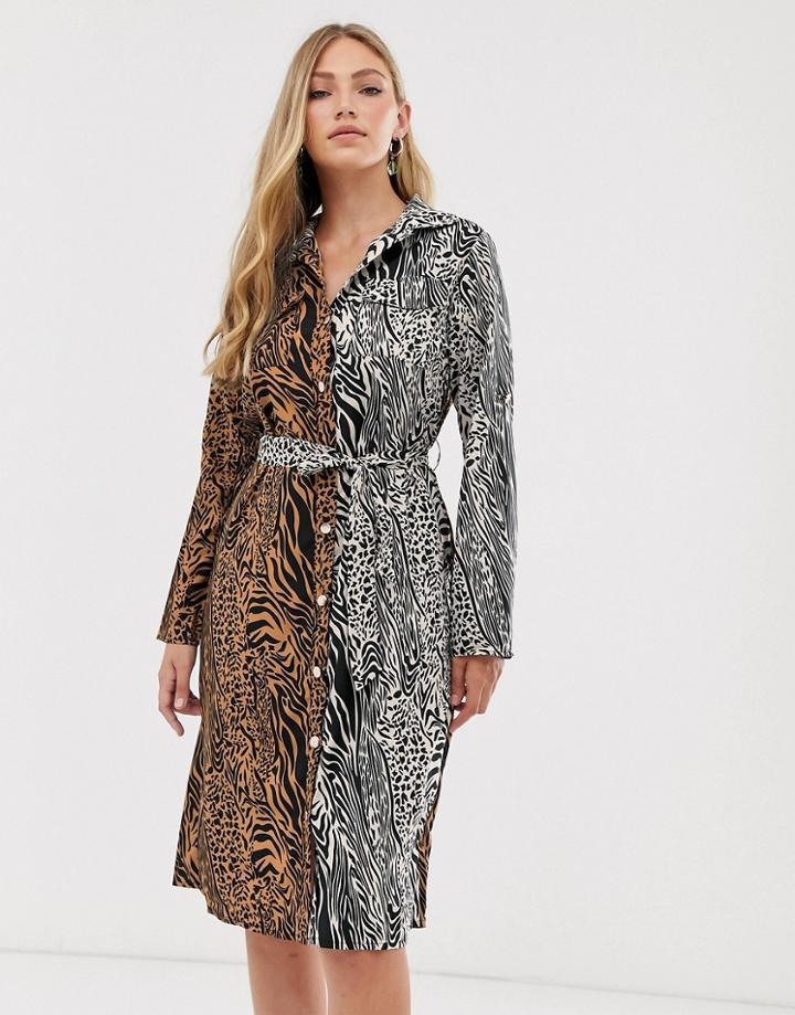 Liquorish Midi Shirt Dress In Mixed Tiger Print - Multi