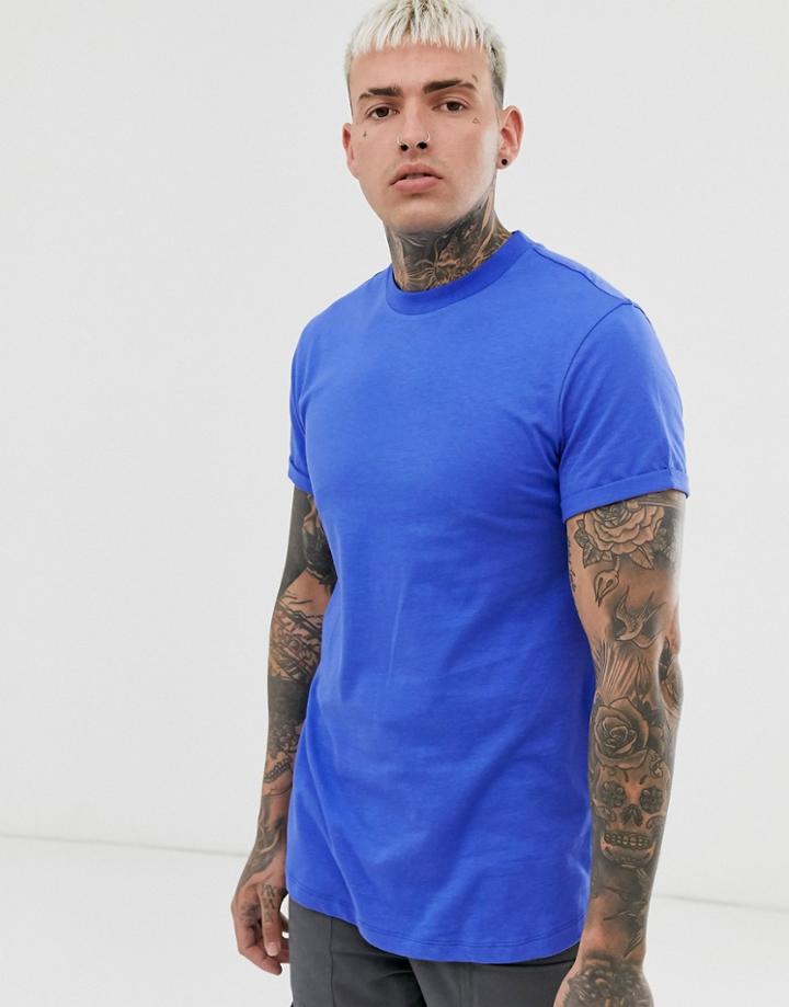 Asos Design Longline T-shirt With Roll Sleeve And Side Split In Blue