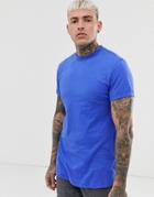 Asos Design Longline T-shirt With Roll Sleeve And Side Split In Blue