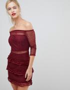 Liquorish Off Shoulder Layered Lace Dress - Red