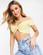 Miss Selfridge Scallop Neck Knot Front Crop Knit Top In Lemon-yellow
