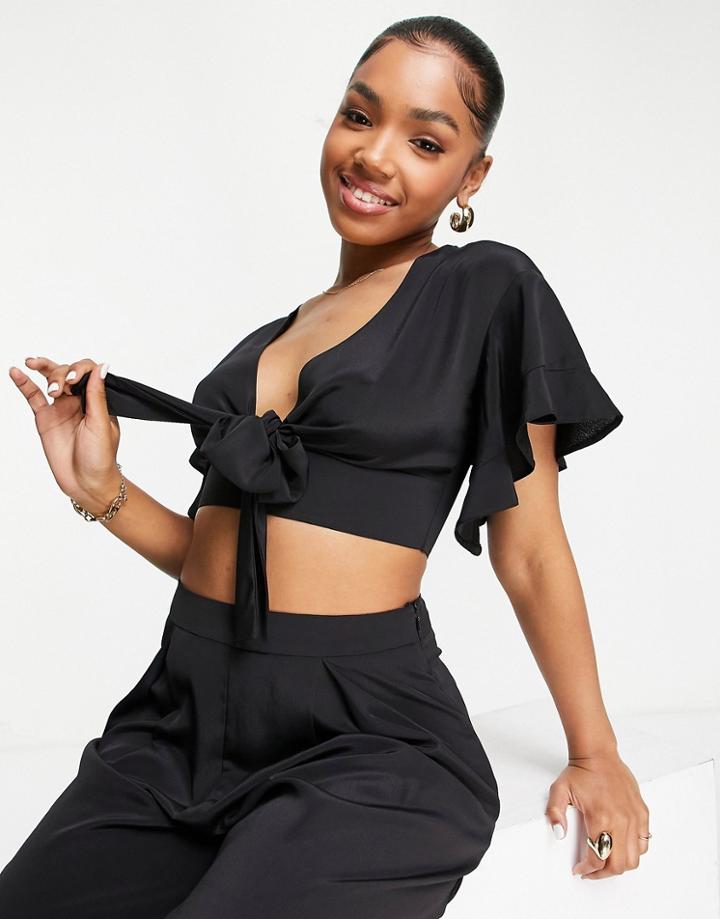 Asos Design Flutter Sleeve Crop Top With Tie Front In Black - Part Of A Set