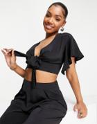 Asos Design Flutter Sleeve Crop Top With Tie Front In Black - Part Of A Set