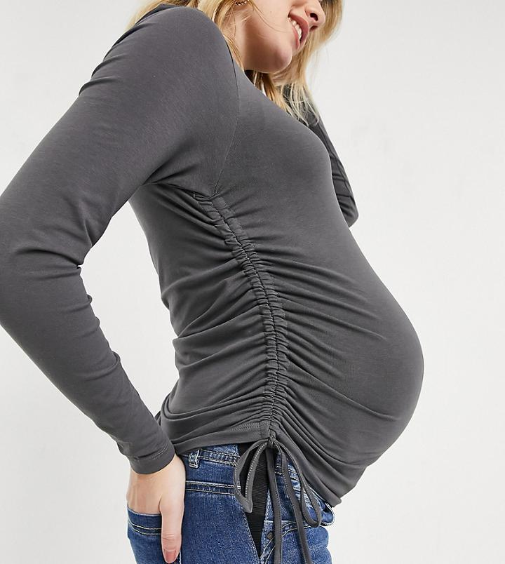 Asos Design Maternity Fitted Top With Ruched Side In Washed Charcoal-grey