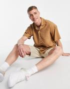 Jack & Jones Premium Textured Revere Collar Short Sleeve Shirt In Tan-brown