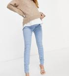 Asos Design Maternity High Rise Ridley 'skinny' Jeans In Stonewash With With Over The Bump Waistband-blues