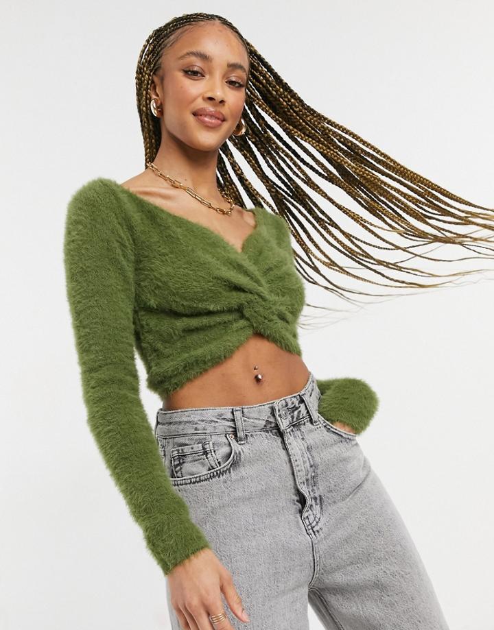 Threadbare Sasha Twist Front Fluffy Cropped Sweater-green