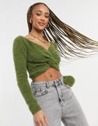 Threadbare Sasha Twist Front Fluffy Cropped Sweater-green