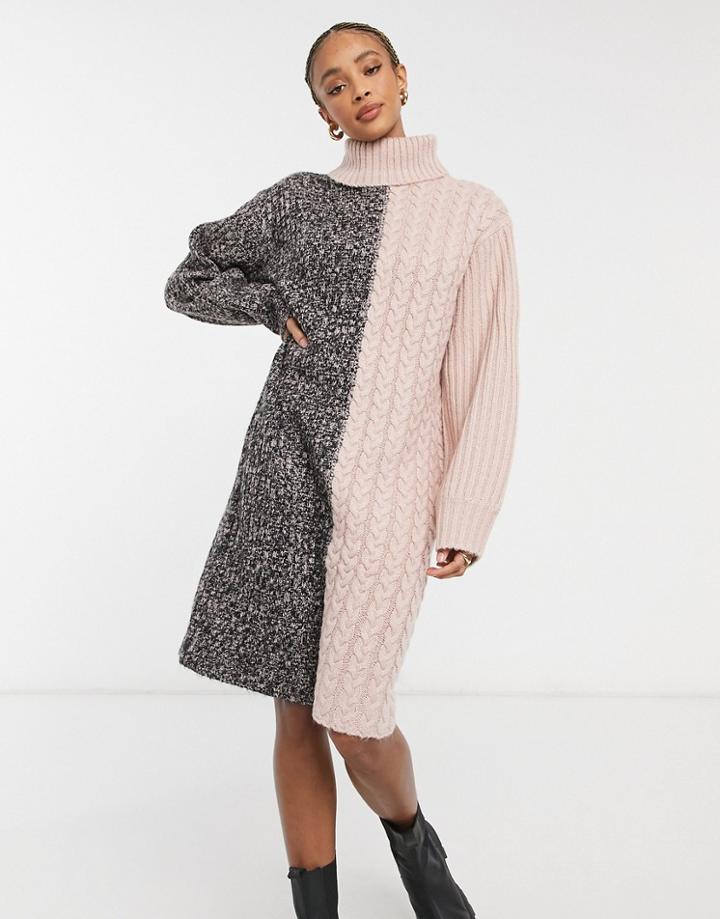 Violet Romance Contrast Cable Knit Roll Neck Sweater Dress In Pink