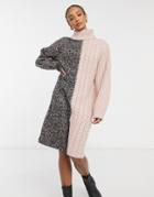 Violet Romance Contrast Cable Knit Roll Neck Sweater Dress In Pink
