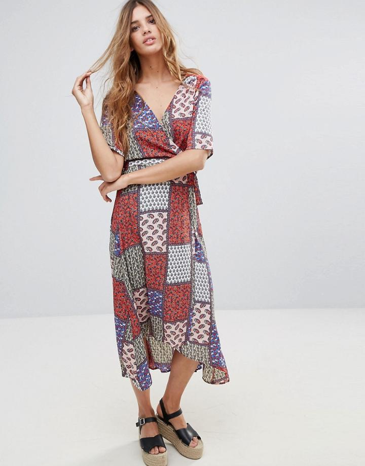Hazel Patchwork Paisley Printed Wrap Midi Dress - Multi