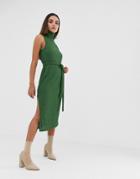 Asos Design High Neck Marl Rib Midi Dress With Self Belt - Green