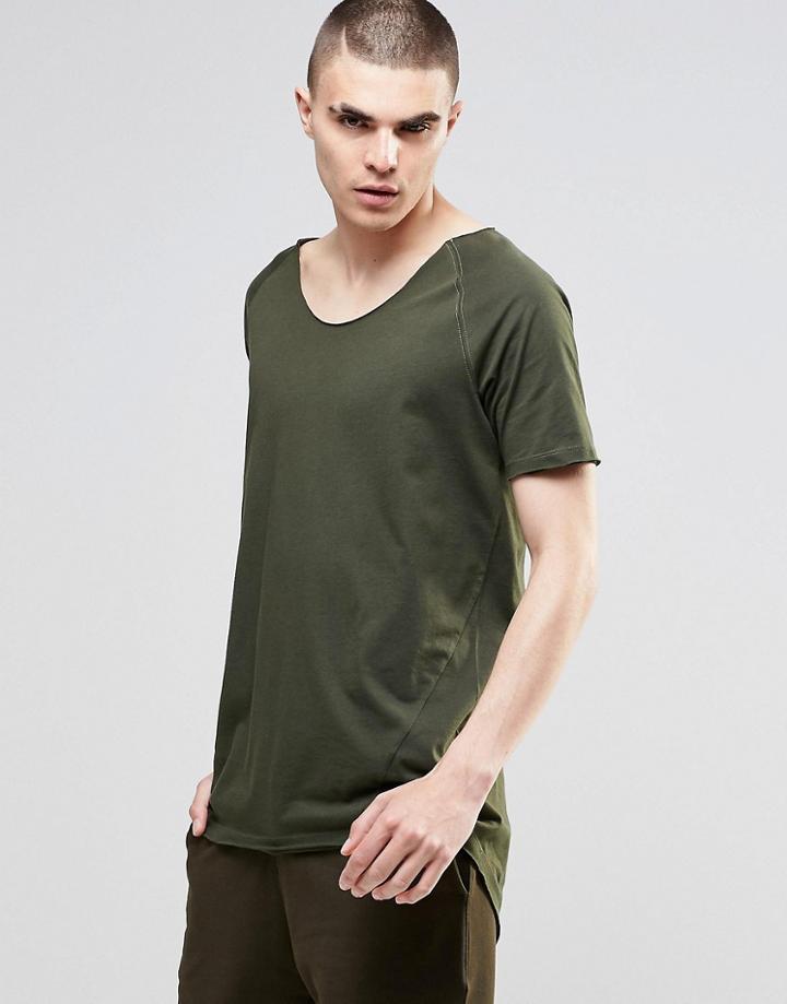 Asos Super Longline T-shirt With Raglan Sleeves And Raw Curved V Neck In Khaki - Army Green