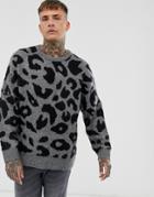 Religion Oversized Sweater With Leopard Print In Gray