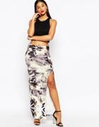 Asos Maxi Skirt In Printed Velvet With Thigh Split - Multi