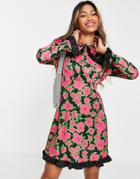Twisted Wunder Mini Dress With Bib Collar In Pink And Black Floral-multi