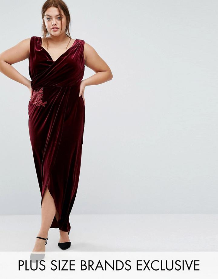 Little Mistress Plus Velvet Plunge Wrap Front Maxi Dress - Red