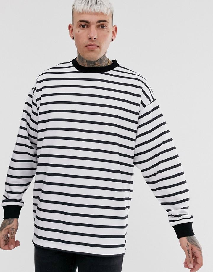 Asos Design Oversized Longline Sweatshirt In Black & White Stripes - White