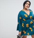 Influence Plus Flared Sleeve Wrap Floral Print Dress - Green