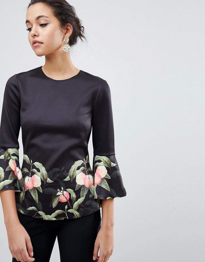 Ted Baker Bell Viccie Sleeve Top In Peach Blossom Print - Black