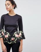 Ted Baker Bell Viccie Sleeve Top In Peach Blossom Print - Black