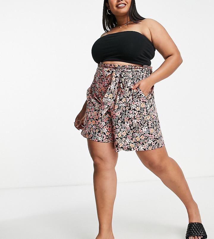 Yours Tie Waist Shorts In Pink Floral