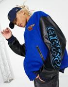 Asos Design Oversized Wool Mix Varsity Bomber Jacket With Badging In Blue