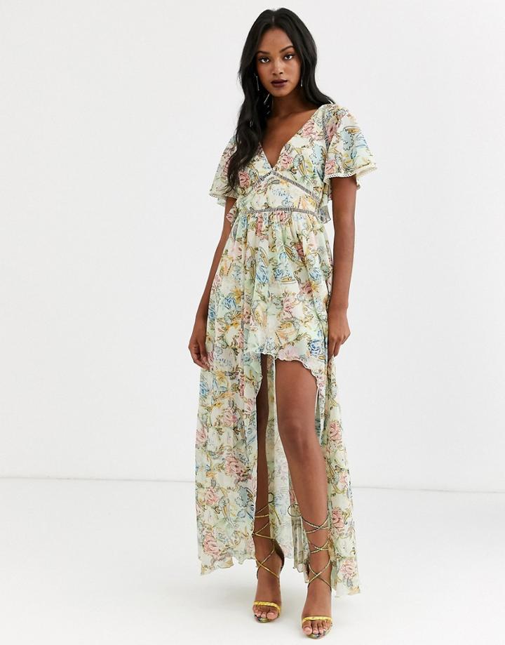 Asos Design Maxi Dress In Trophy Floral Print And Ladder Lace Trims-multi