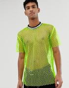Asos Design Festival Relaxed T-shirt In Neon Open Mesh With Tipping - Yellow