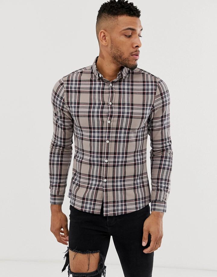 Asos Design Slim Check Shirt In Beige-brown