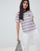 Asos Design Rainbow Stripe T-shirt With Heart Embroidery - Multi