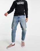 Asos Design Classic Rigid Jeans In Tinted Mid Wash Blue With Raw Hem-blues