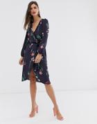 Liquorish Midi Wrap Dress In Navy Floral - Navy