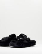 New Look Buckle Double Strap Fluffy Slipper Slides In Black