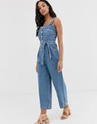 Asos Design Denim Square Neck Button Jumpsuit-blue